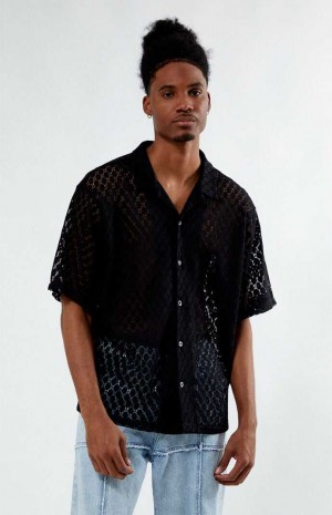 BLACK PacSun Black Lace Oversized Camp Shirt | NGSXUAY-10