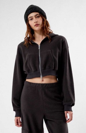 BLACK PacSun Cozy Double Zip Cropped Hoodie | CDFQAXJ-41