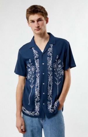 BLUE PacSun Stitch Pattern Woven Camp Shirt | UBSMPCO-51