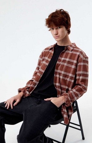 BROWN PacSun Brown Classic Plaid Shirt | EOZDNAU-86