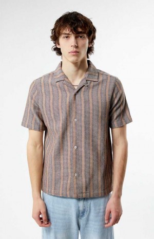 BROWN PacSun Brown Woven Striped Camp Shirt | BDKQPXZ-07