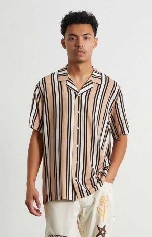 BROWN PacSun Tan Stripe Woven Camp Shirt | TOUBQGD-52