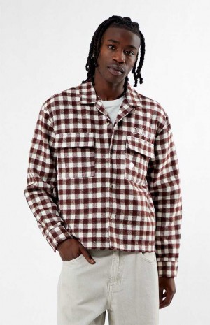 BURGUNDY PacSun Cropped Embroidered Flannel Shirt | ORSJIHA-02