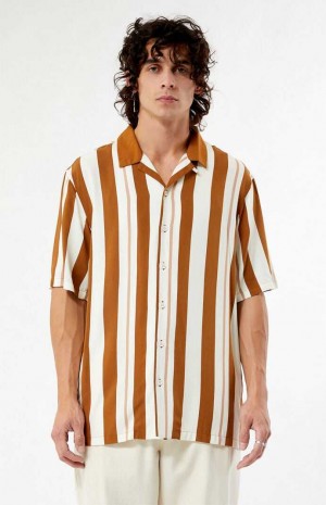 CREAM/BROWN PacSun Taupe Stripe Camp Shirt | HGEANDT-69