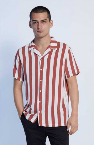 CREAM/RED PacSun Burnt Red Stripe Camp Shirt | UMFOTIK-35