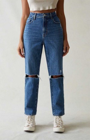 DARK INDIGO PacSun Eco Stretch Dark Blue Ripped Curve Straight Leg Jeans | OUJMARF-89