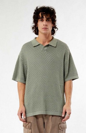 GREEN PacSun Olive Open Knit Polo Shirt | EMTJOCN-45