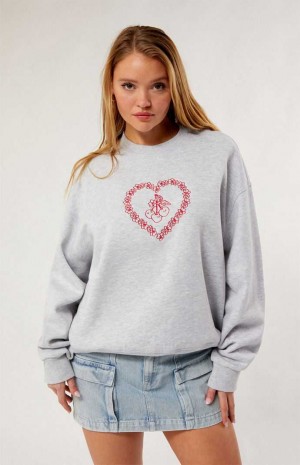 HEATHER GREY PacSun Luv & Cherries Crew Neck Sweatshirt | DNPUIXJ-72