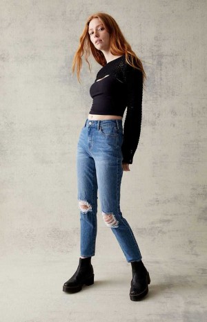 MEDIUM INDIGO PacSun Eco Dark Blue Stretch Ripped Mom Jeans | AFVLUZC-85