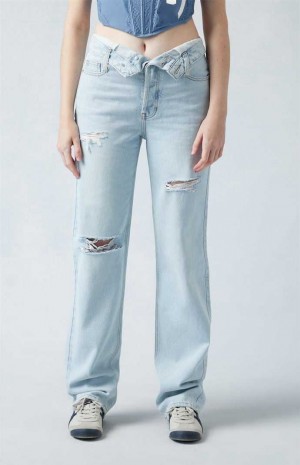 MEDIUM INDIGO PacSun Eco Light Indigo Fold-Over Ripped '90s Boyfriend Jeans | TQNAFDG-98