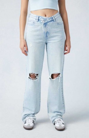 MEDIUM INDIGO PacSun Eco Light Indigo Ripped Asymmetrical Waistband '90s Boyfriend Jeans | GOWQVTA-92