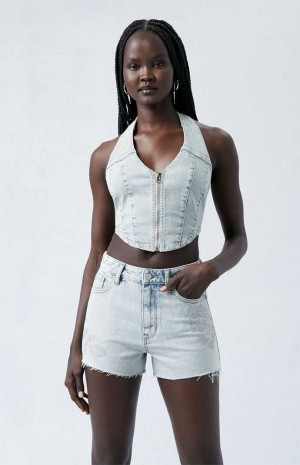 MEDIUM INDIGO PacSun Eco Light Indigo Studded High Waisted Denim Festival Shorts | VISPNOA-75