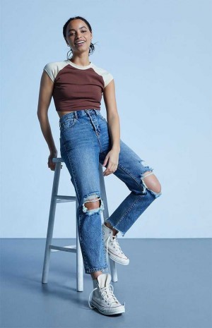 MEDIUM INDIGO PacSun Eco Medium Blue Distressed High Waisted Straight Leg Jeans | FLMZSVI-16