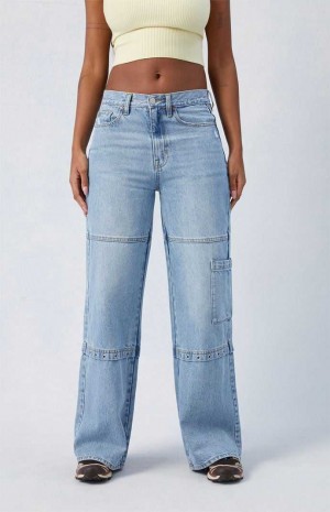 MEDIUM INDIGO PacSun Light Indigo Grommet Dakota Mid Rise Baggy Jeans | CPLNZFG-07