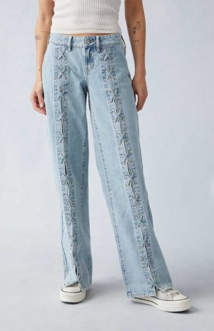 MEDIUM INDIGO PacSun Light Indigo Lace-Up Low Rise Wide Leg Jeans | DQNRACF-01