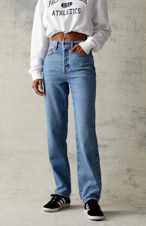 MEDIUM INDIGO PacSun Medium Blue High Waisted Straight Leg Jeans | HNTAOWR-98