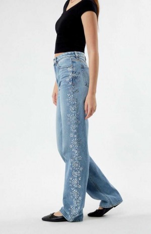 MEDIUM INDIGO PacSun Medium Indigo Floral Rhinestone '90s Boyfriend Jeans | BQMNAVG-29