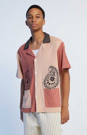 RED PacSun Block Embroidery Terry Camp Shirt | KWZGAMP-72