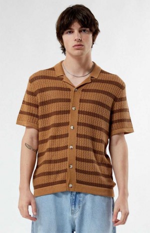 TAN/BROWN PacSun Stripe Open Knit Camp Shirt | GAQVTLK-81