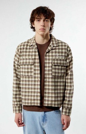 TAN PacSun Cropped Plaid Flannel Shacket | RHAJGSP-42