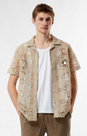 TAN PacSun Lace Paisley Woven Camp Shirt | GLNVSRK-12