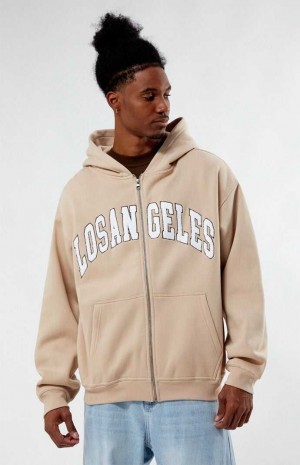 TAN PacSun Los Angeles Chenille Full Zip Hoodie | HFOXSZC-34