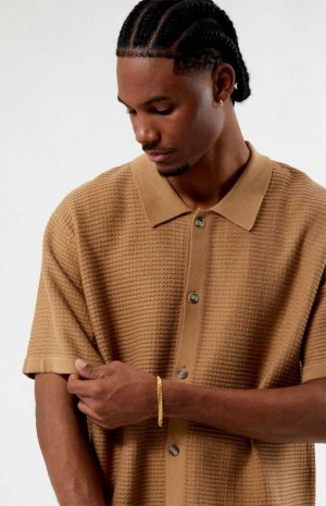 TAN PacSun Ribbed Knit Woven Shirt | QXFHDVM-56