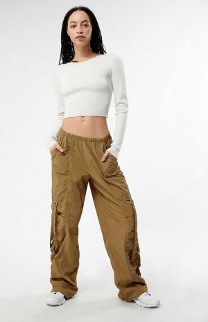 TAN PacSun Ruched Low Rise Pull-On Pants | QUFJGCZ-16