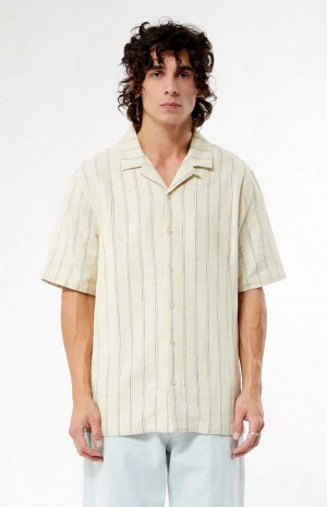 TAN PacSun Terry Woven Striped Camp Shirt | SJUATON-02