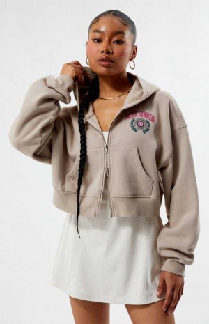 TAUPE PacSun LA Crest Cropped Double Zip Hoodie | JHGYKLS-18