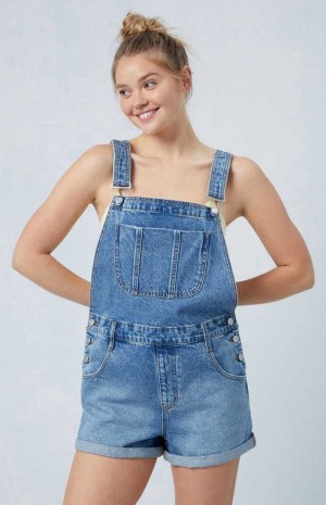 WHITE PacSun Eco Medium Indigo Denim Short Overalls | SHRMPKB-89