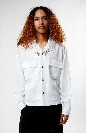 WHITE PacSun Global Auto Embroidered Long Sleeve Camp Shirt | GNJTPWF-04