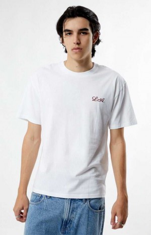 WHITE PacSun PS Basics White Cursive LA Embroidered T-Shirt | EQFILUW-67