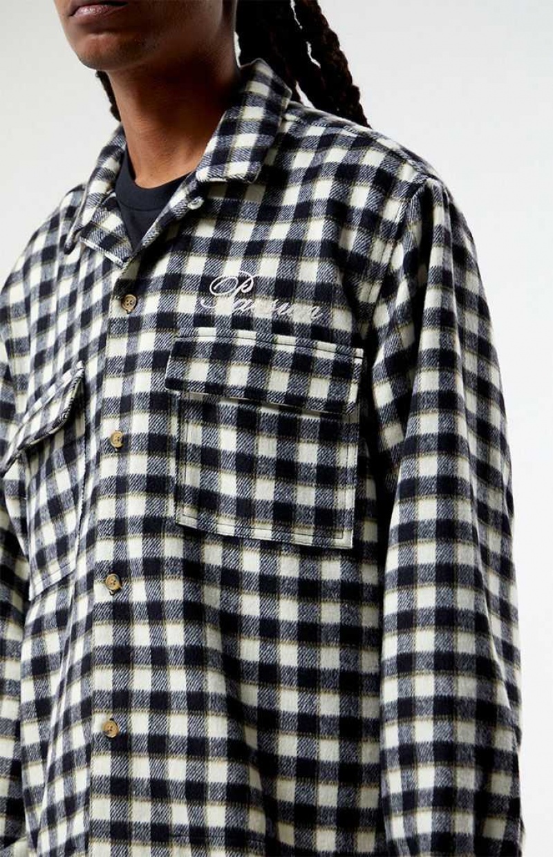 BLACK/CREAM PacSun Cropped Embroidered Camp Flannel Shirt | WABIOVT-98