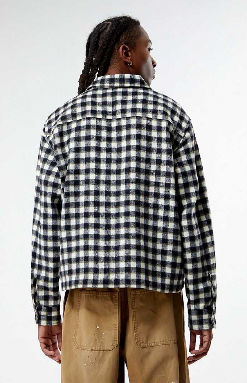 BLACK/CREAM PacSun Cropped Embroidered Camp Flannel Shirt | WABIOVT-98