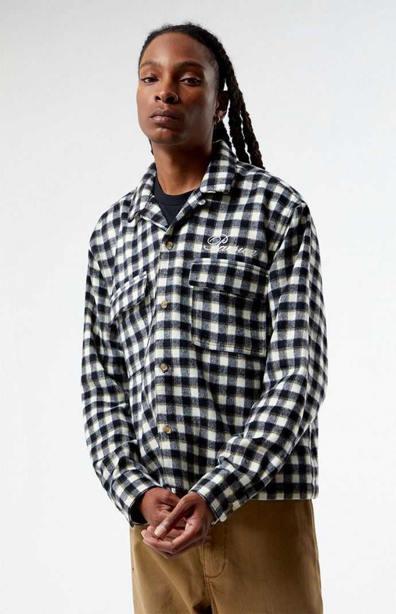 BLACK/CREAM PacSun Cropped Embroidered Camp Flannel Shirt | WABIOVT-98