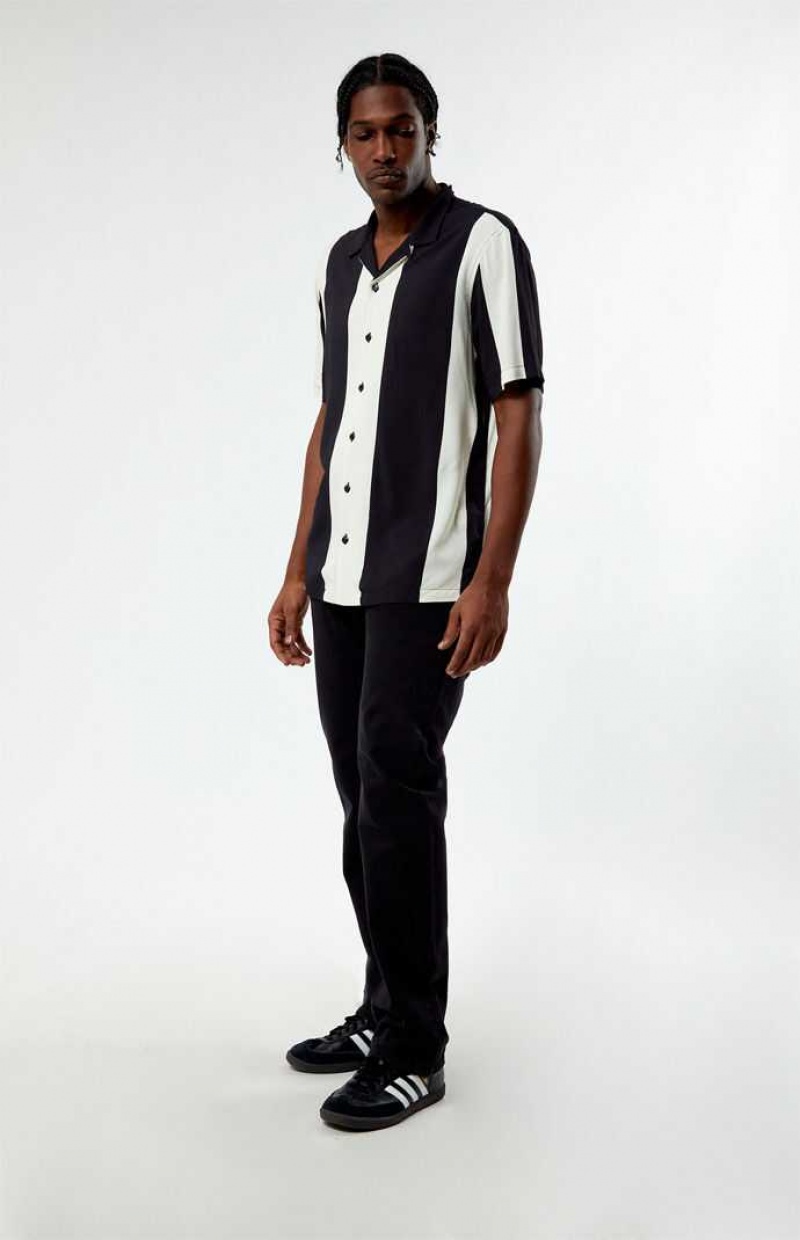 BLACK/CREAM PacSun Stripe Neutral Camp Shirt | JRXCFNO-69