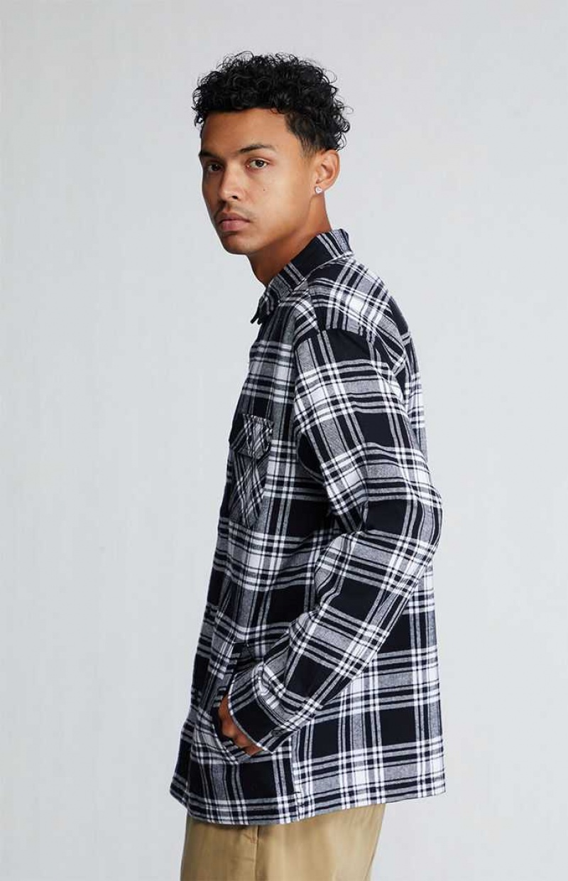 BLACK/WHITE PacSun Black & White Plaid Heavyweight Flannel Shirt | DLTVFNM-57