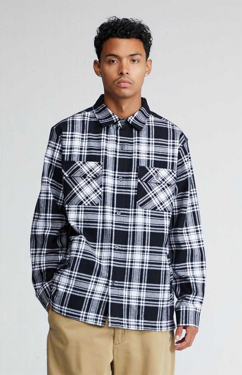 BLACK/WHITE PacSun Black & White Plaid Heavyweight Flannel Shirt | DLTVFNM-57