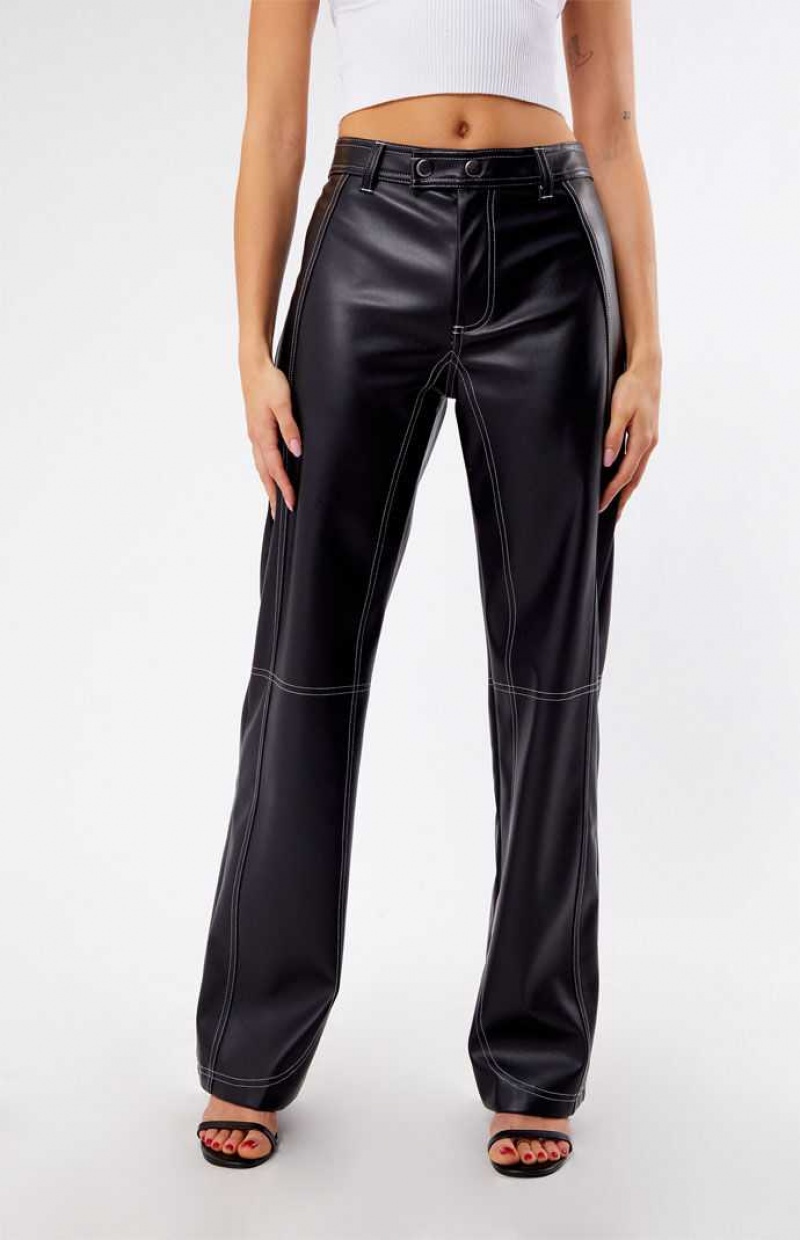 BLACK/WHITE PacSun Faux Leather Low Rise Straight Leg Pants | AFNJRKE-53