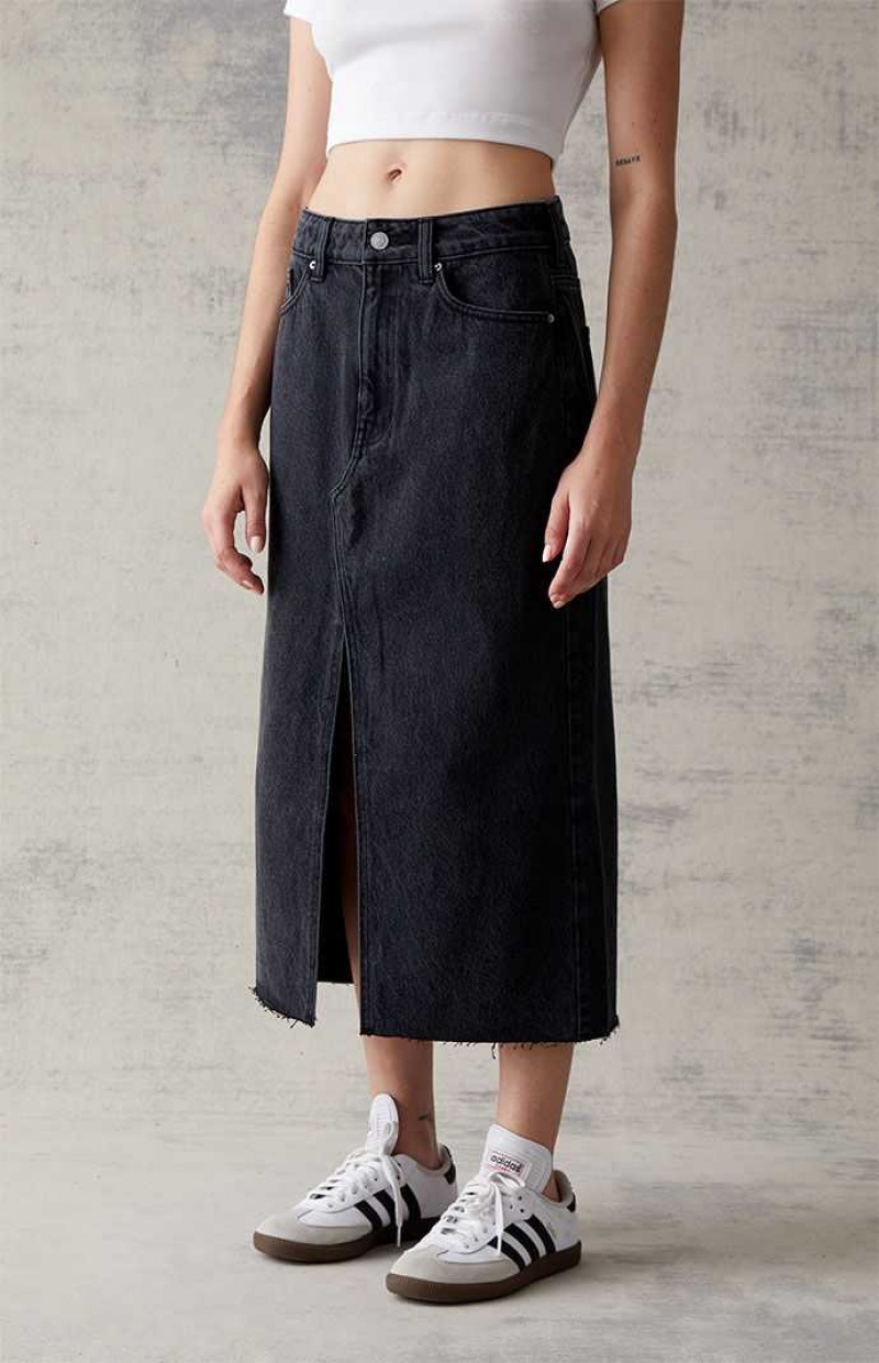 BLACK PacSun Black Denim Midi Skirt | FBDEUIJ-91