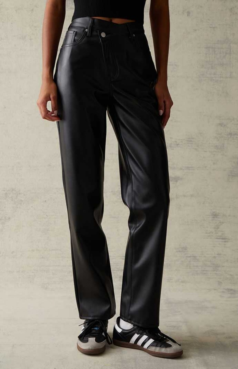 BLACK PacSun Black Faux Leather Asymmetrical Dad Pants | WVTSZNL-75