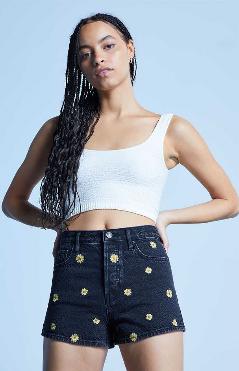 BLACK PacSun Eco Black Flower Embroidered Vintage High Waisted Denim Shorts | RNVKHZM-37