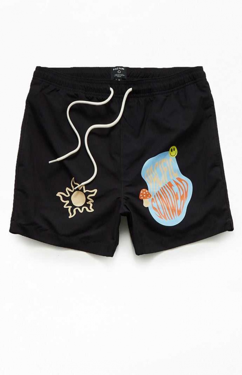 BLACK PacSun Eco Retro Shroom 4.5" Swim Trunks | LITWHSJ-67