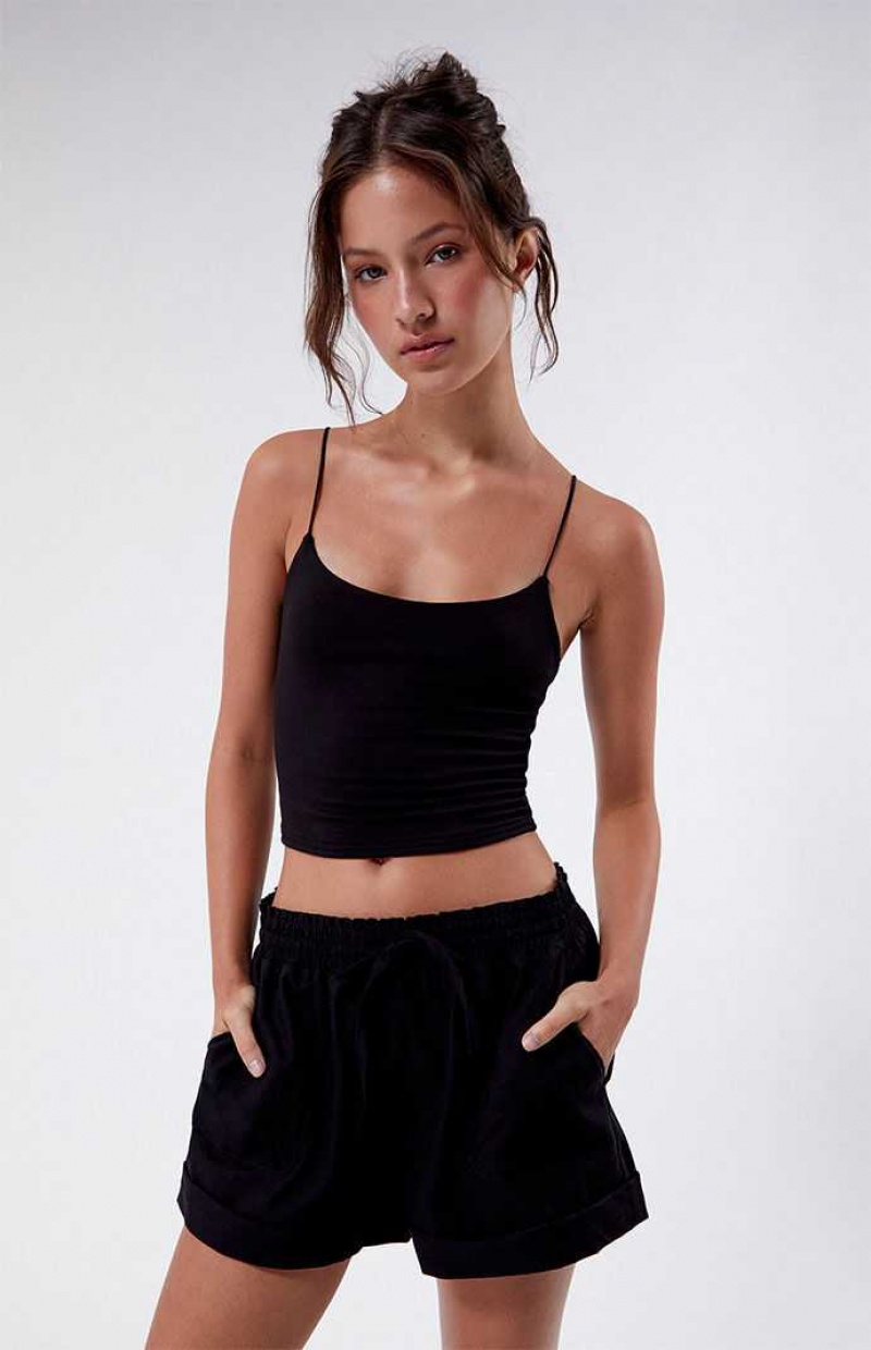 BLACK PacSun Elastic Waist Linen Shorts | NHFXYEC-31