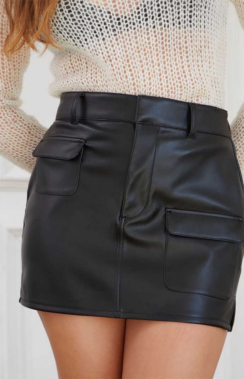 BLACK PacSun Faux Leather Cargo Mini Skirt | PXUMGAK-03