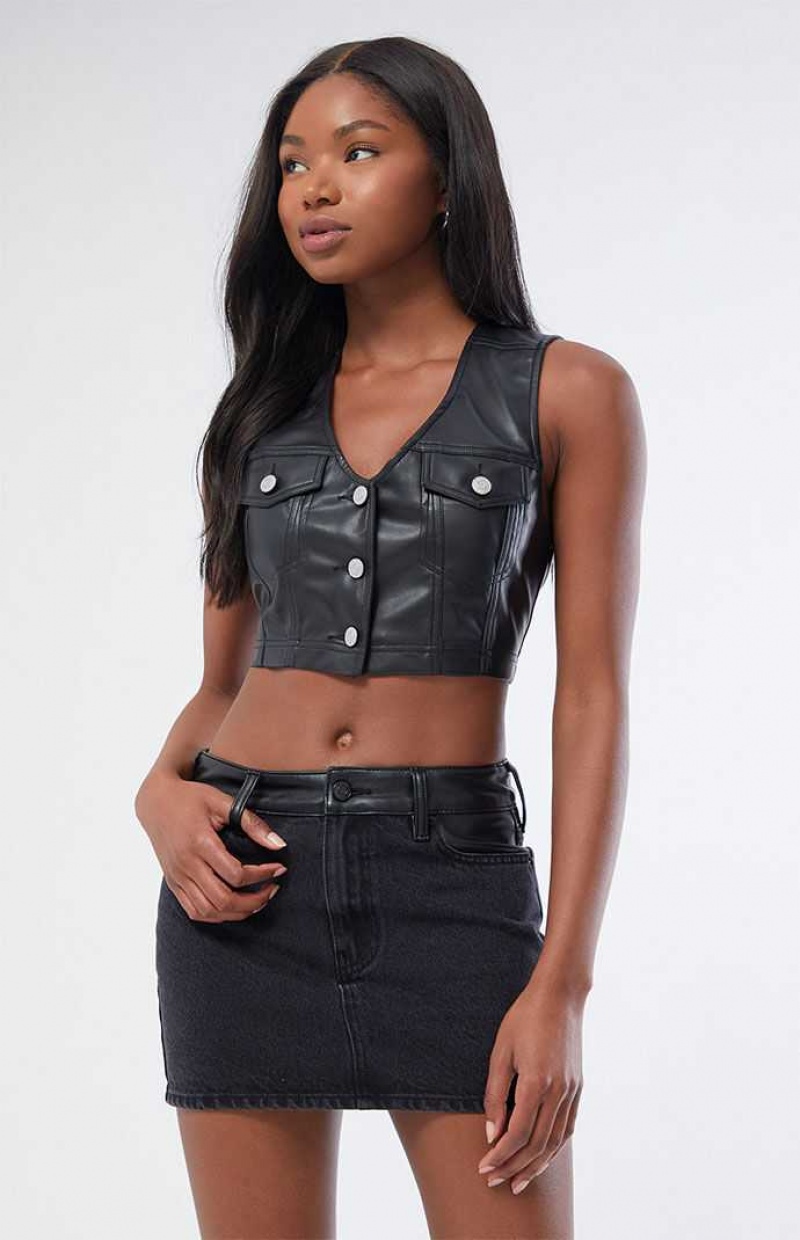 BLACK PacSun Faux Leather Mixed Mid Rise Skirt | DGBRTQH-91