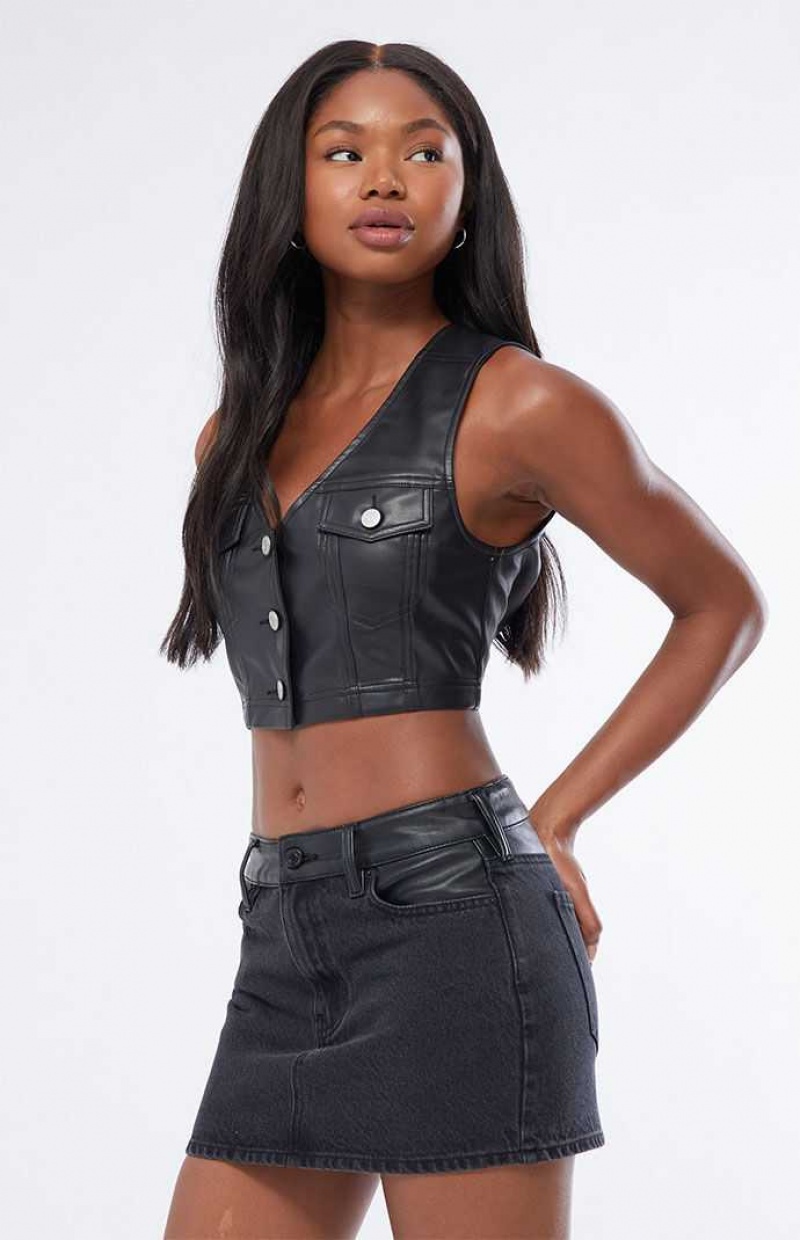 BLACK PacSun Faux Leather Mixed Mid Rise Skirt | DGBRTQH-91