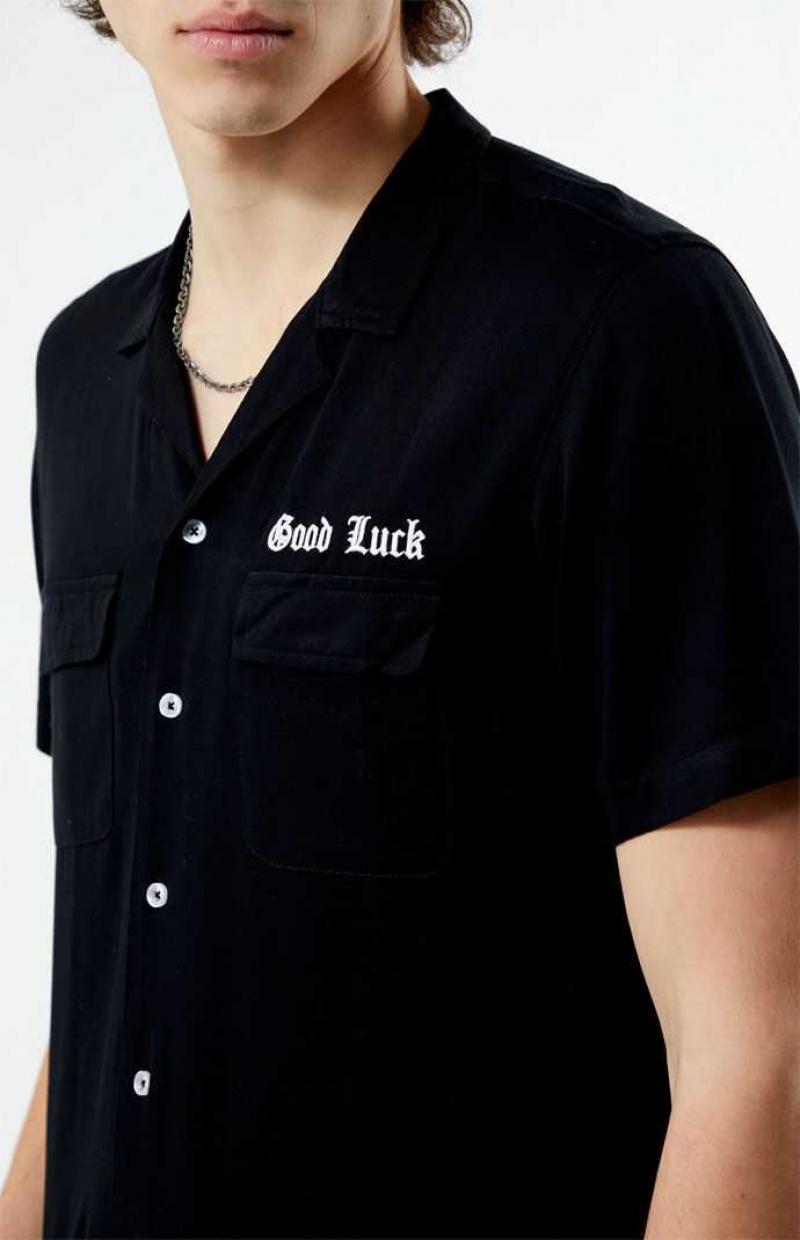 BLACK PacSun Good Luck Woven Camp Shirt | RFACHYO-97