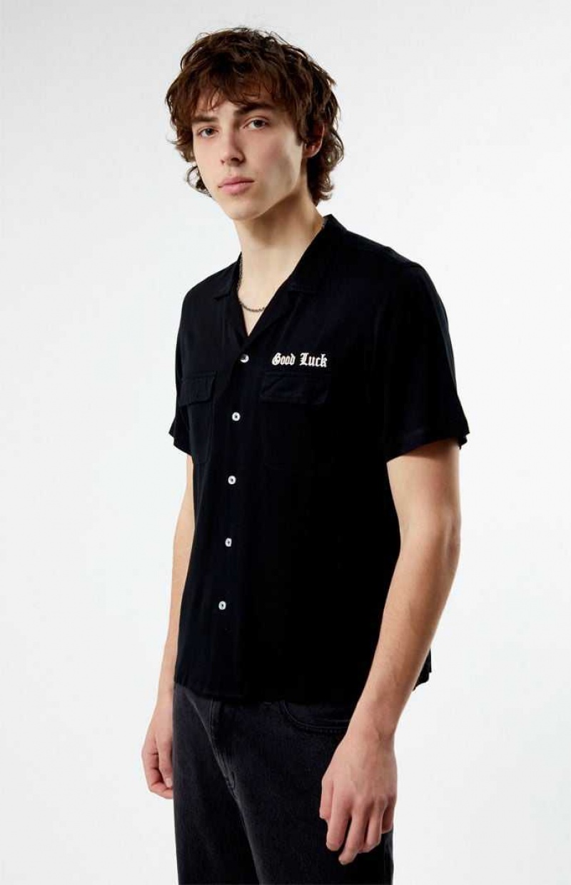 BLACK PacSun Good Luck Woven Camp Shirt | RFACHYO-97